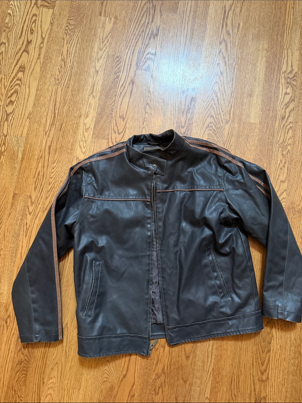 VTG Arizona Dark Brown Faux Leather Bomber Jacket with Brown Stripes